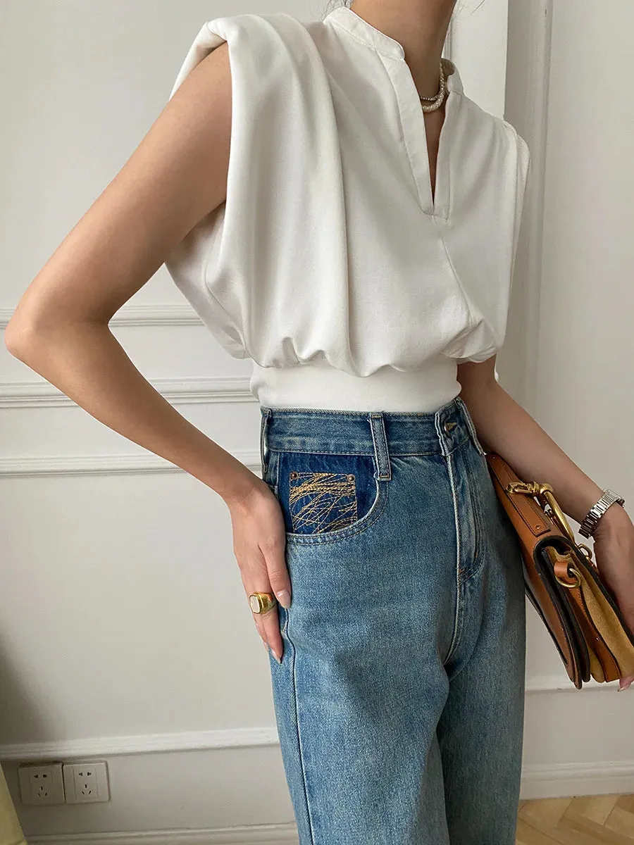 Fashionable Boutique Padded Shoulder V-Neck Sleeveless Top