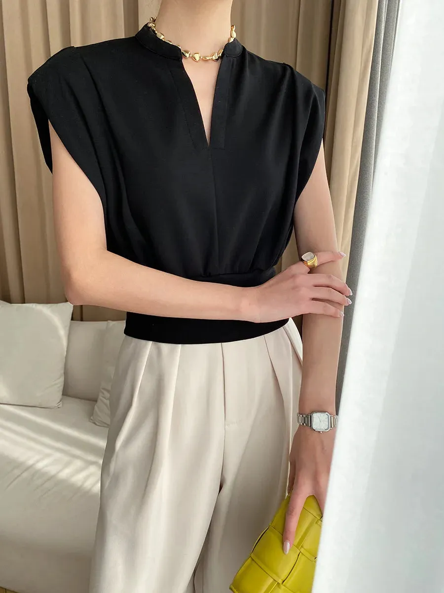 Fashionable Boutique Padded Shoulder V-Neck Sleeveless Top