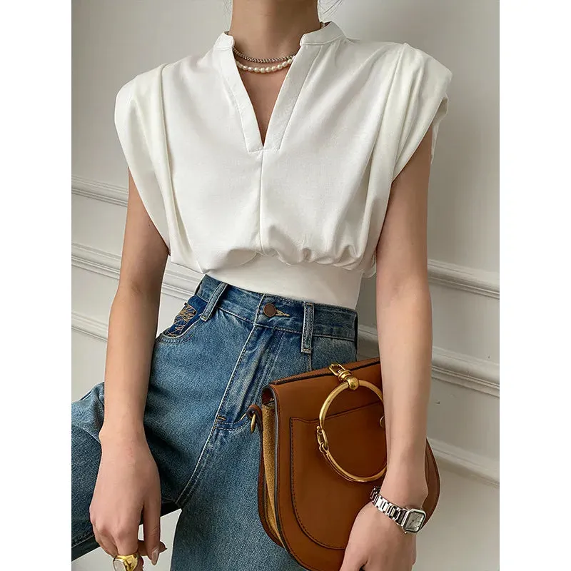 Fashionable Boutique Padded Shoulder V-Neck Sleeveless Top
