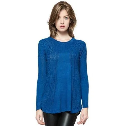 Fashionable Style Scoop Collar Solid Color Long Sleeve Cotton Women's Sweater - Blue One Size
