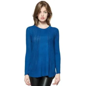 Fashionable Style Scoop Collar Solid Color Long Sleeve Cotton Women's Sweater - Blue One Size