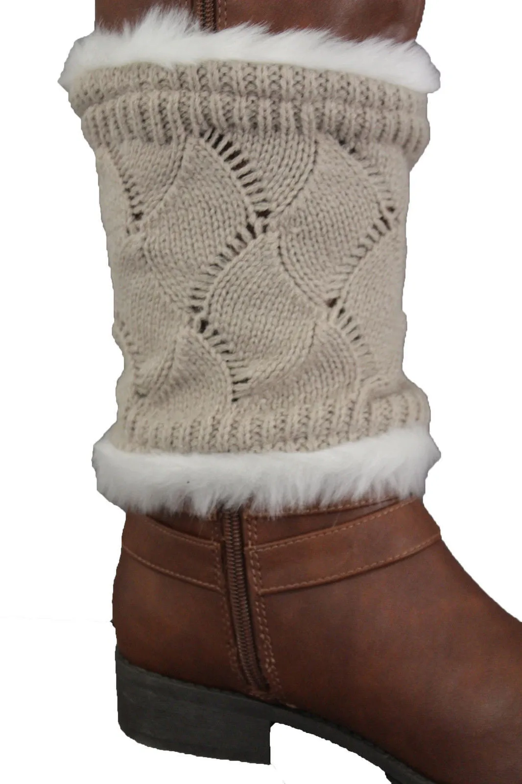 Faux Fur Fabric Slip On Pair Warmer Knit Boot Toppers