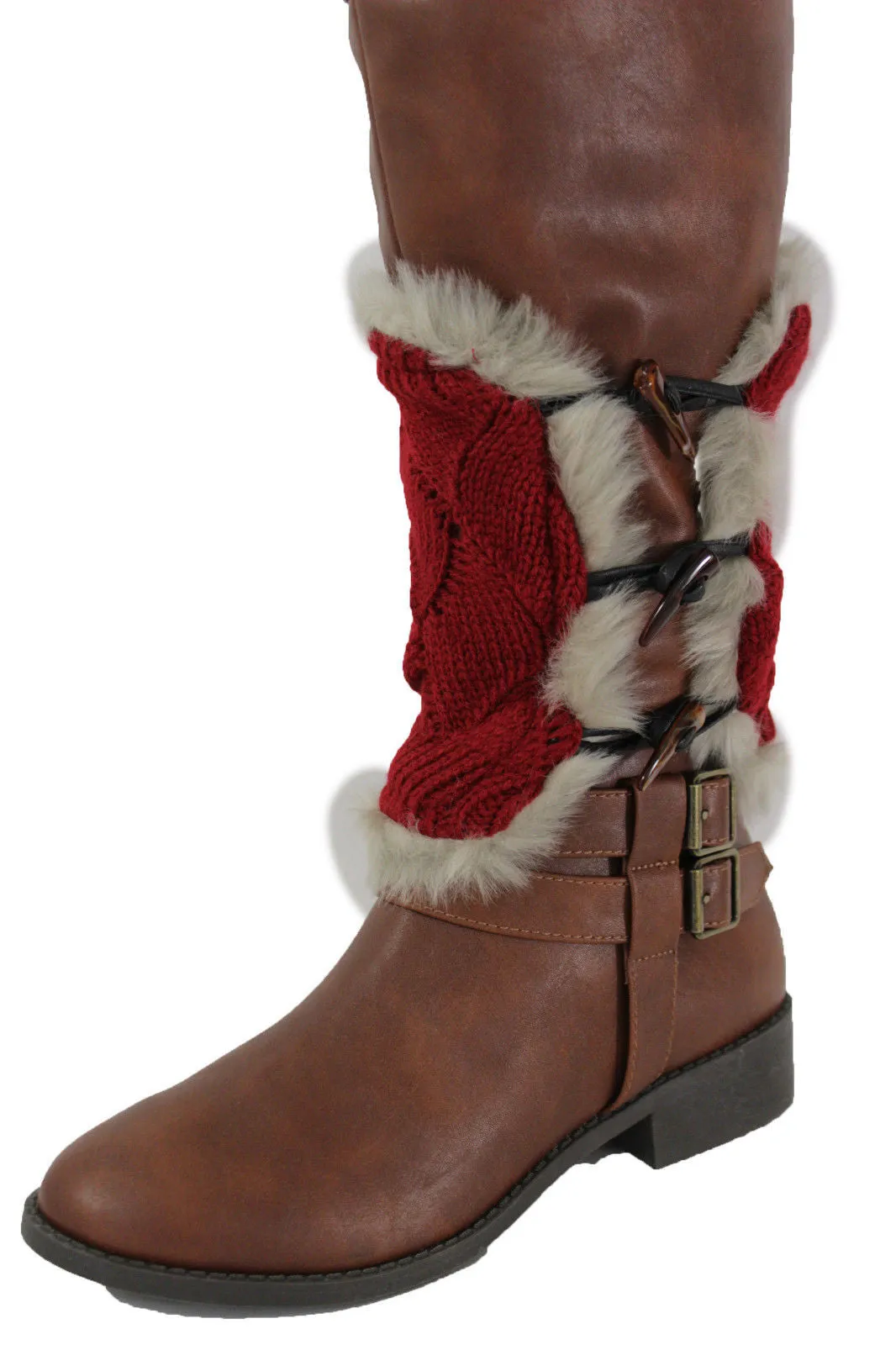 Faux Fur Fabric Slip On Pair Warmer Knit Boot Toppers