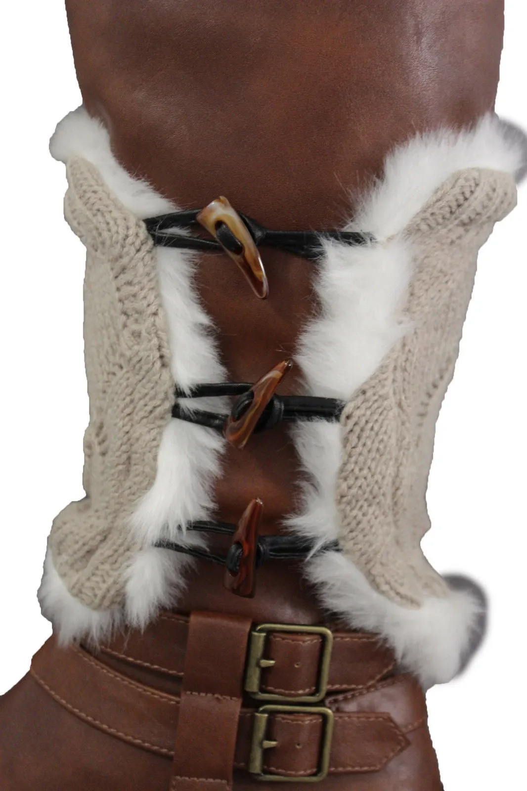 Faux Fur Fabric Slip On Pair Warmer Knit Boot Toppers