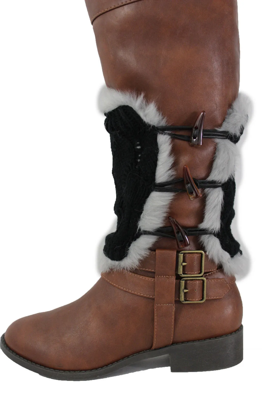 Faux Fur Fabric Slip On Pair Warmer Knit Boot Toppers
