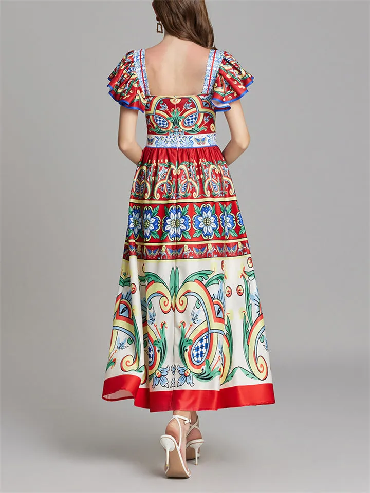 Female Back Zipper Ruffled Sleeve Square-cut Collar Dress