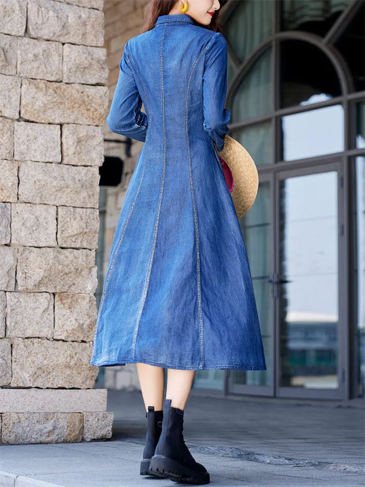 Female Ethnic Style Embroidery Floral Slim Denim Dress