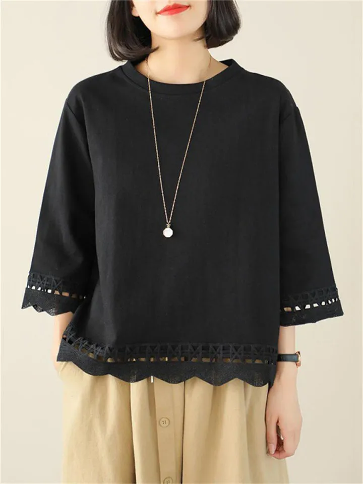 Female Lace Patchwork Crew Neck 3/4 Sleeve Shirt