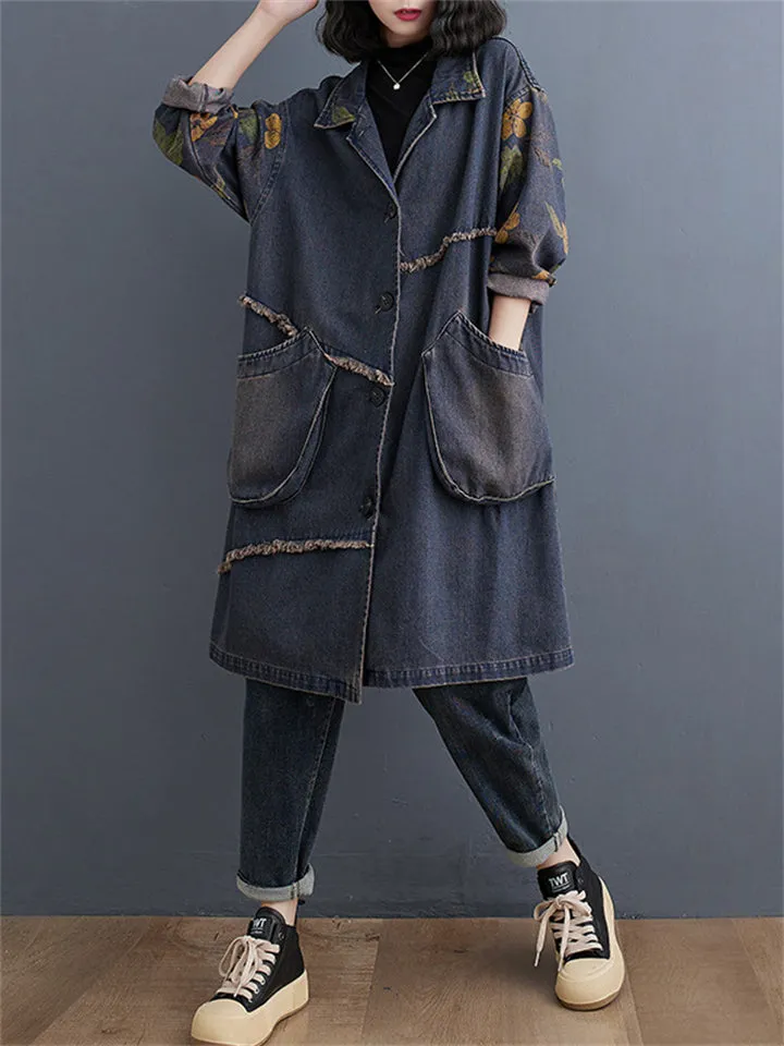 Female Vintage Washed Loose Mid Length Denim Coat