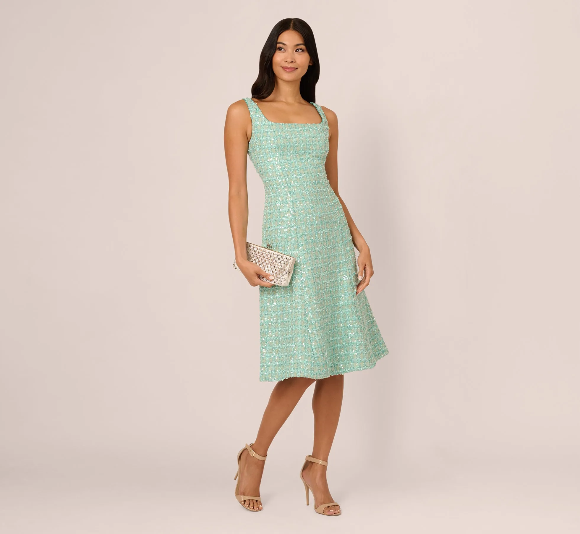 Fit And Flare Sequin Boucle Dress In Sage