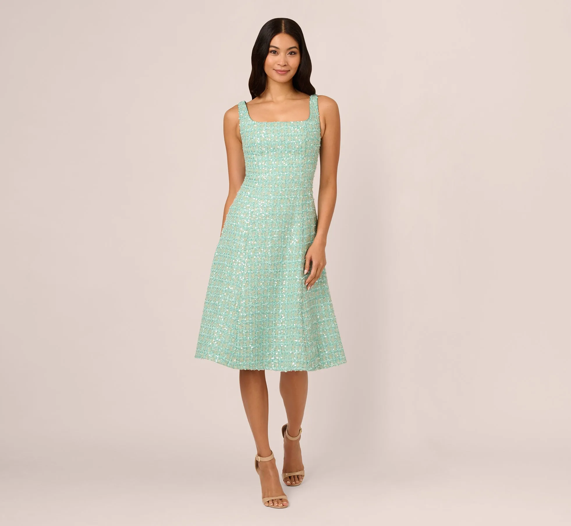 Fit And Flare Sequin Boucle Dress In Sage
