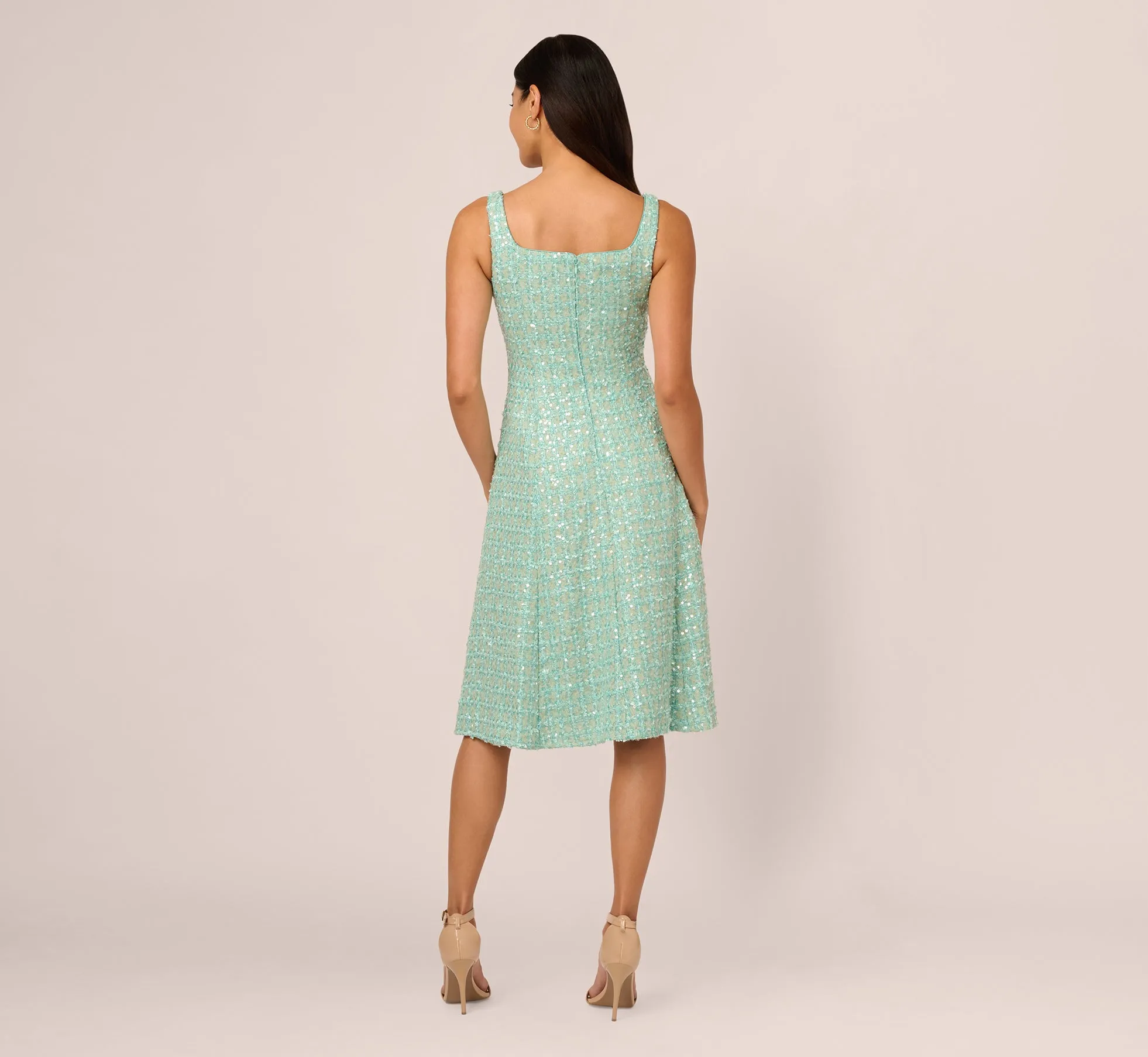 Fit And Flare Sequin Boucle Dress In Sage
