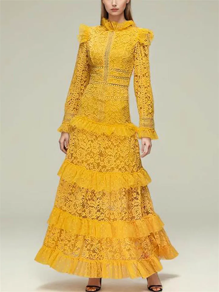 French Multi-Layer Lace Patchwork Maxi Dress for Lady