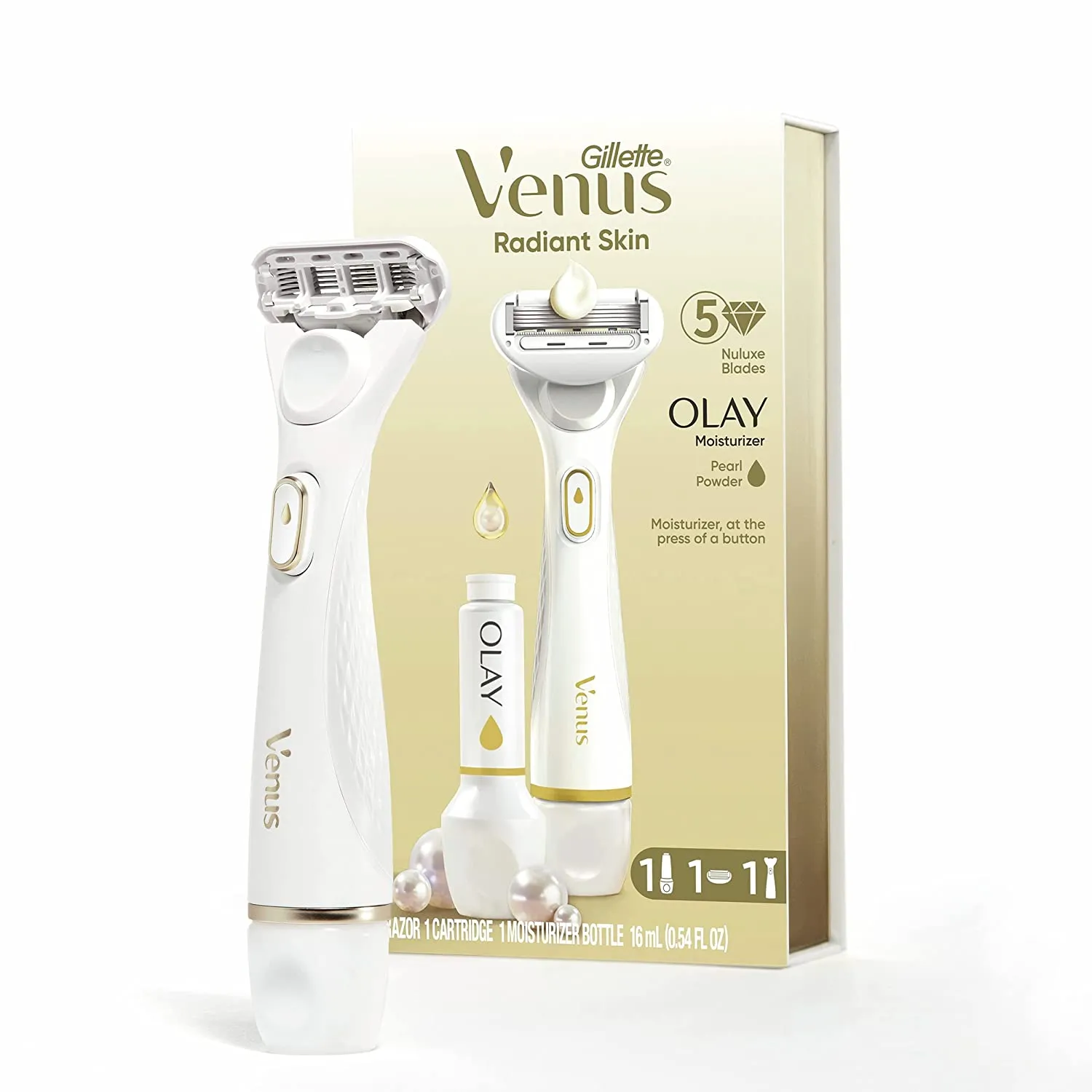 Gillette Venus Radiant Skin Razors for Women, Includes Pearl Powder Olay Moisturizer, 1 Venus Razor, 1 Razor Blade Refill