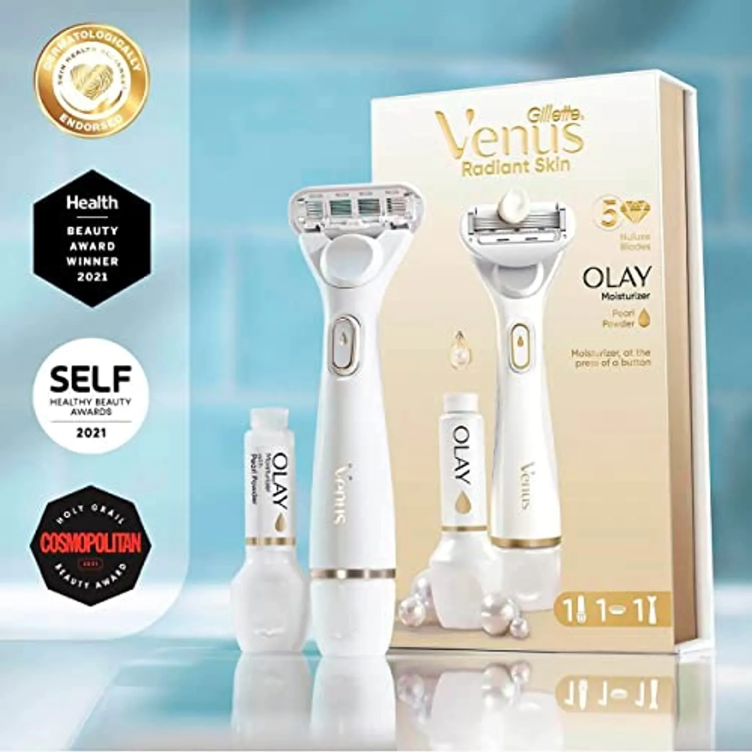 Gillette Venus Radiant Skin Razors for Women, Includes Pearl Powder Olay Moisturizer, 1 Venus Razor, 1 Razor Blade Refill