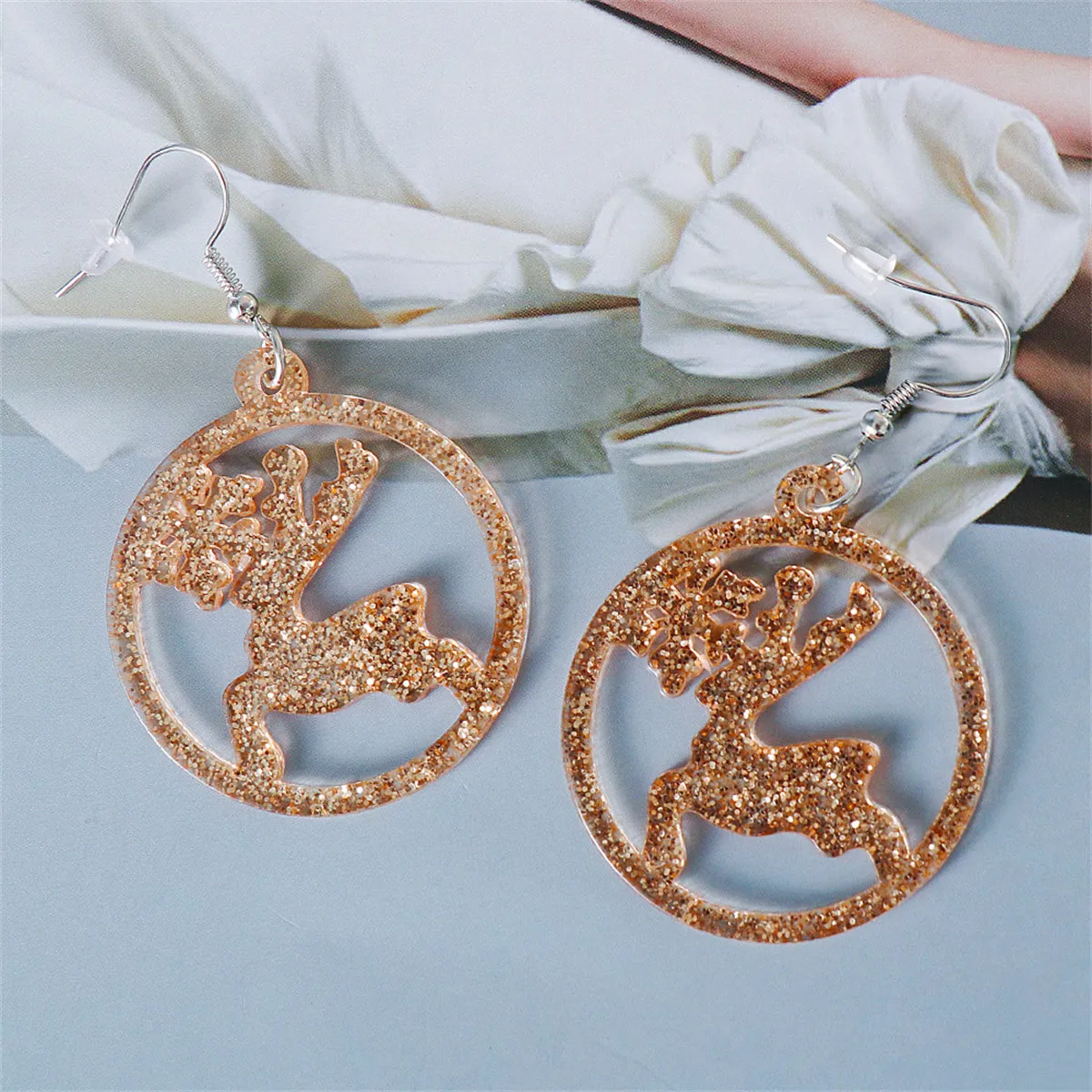 Golden Acrylic & Silver-Plated Glitter Openwork Reindeer Round Drop Earrings