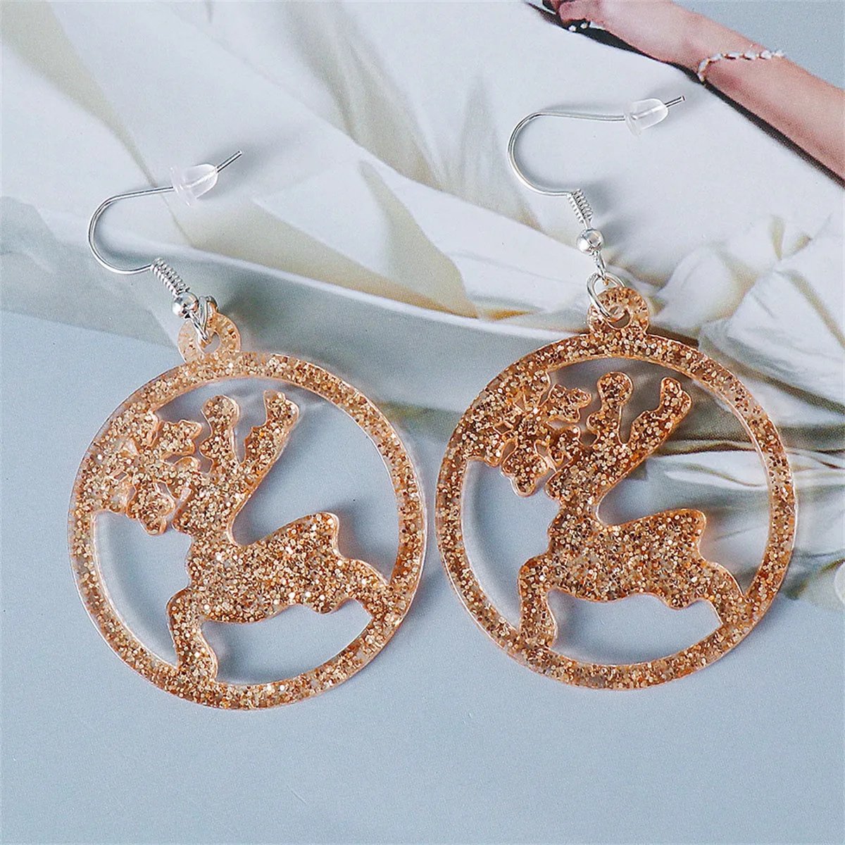 Golden Acrylic & Silver-Plated Glitter Openwork Reindeer Round Drop Earrings