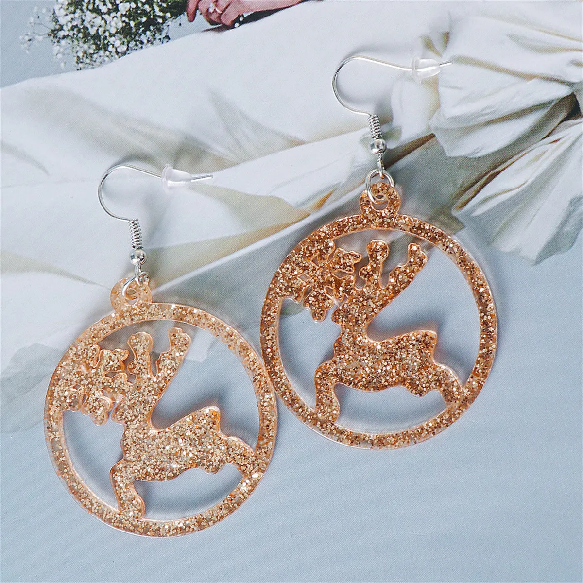 Golden Acrylic & Silver-Plated Glitter Openwork Reindeer Round Drop Earrings