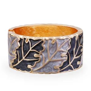 Gray & Black Enamel 18K Gold-Plated Leaves Bangle