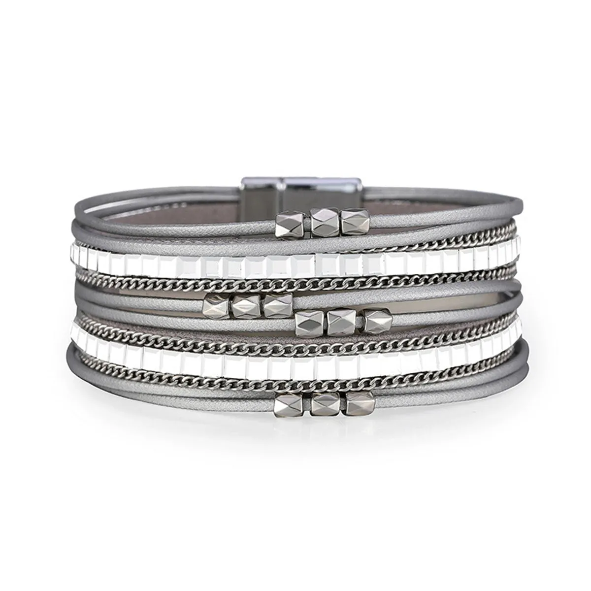 Gray Polystyrene & Silver-Plated Layered Beaded Bracelet