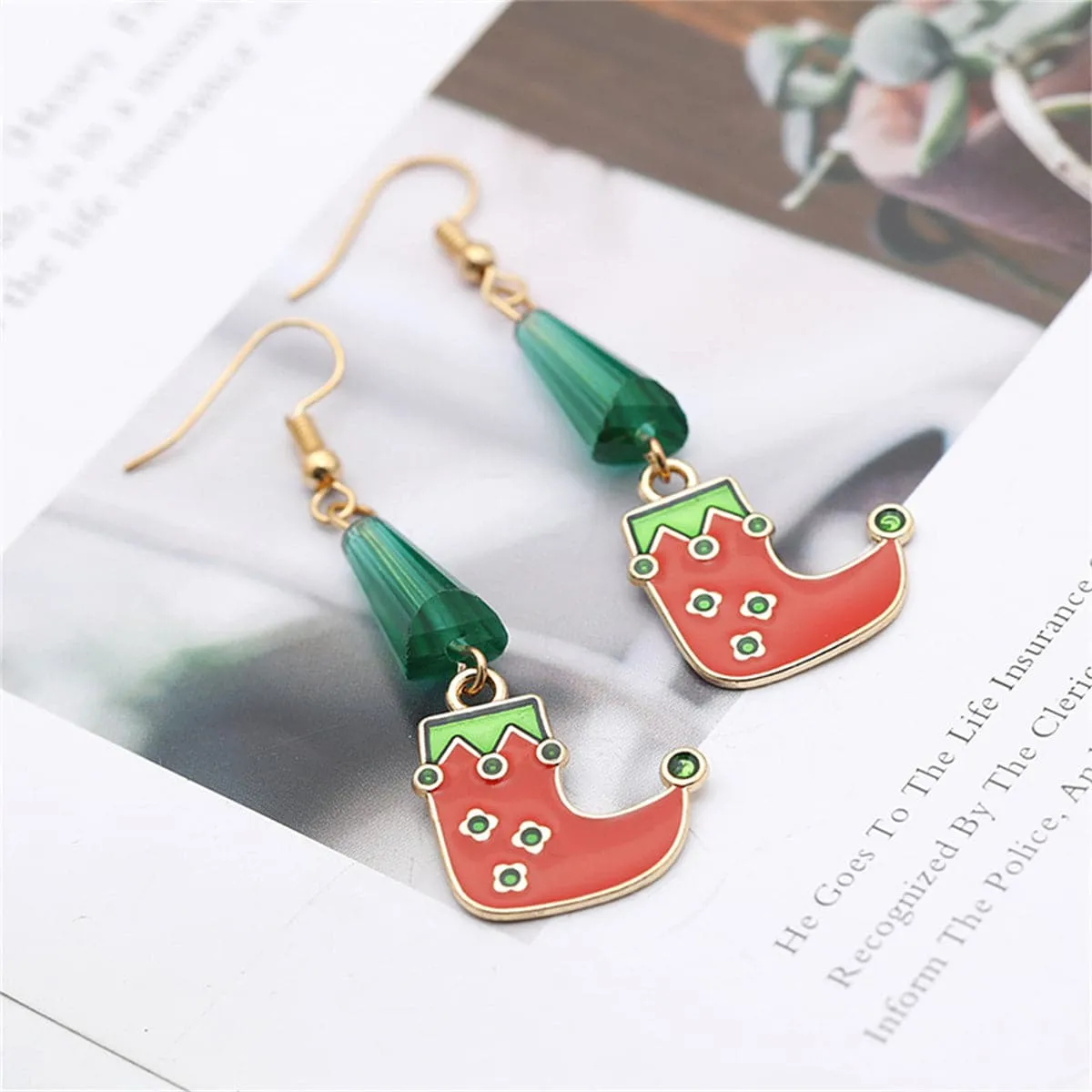 Green & Red Beaded Cone Elf Shoe Drop Earrings