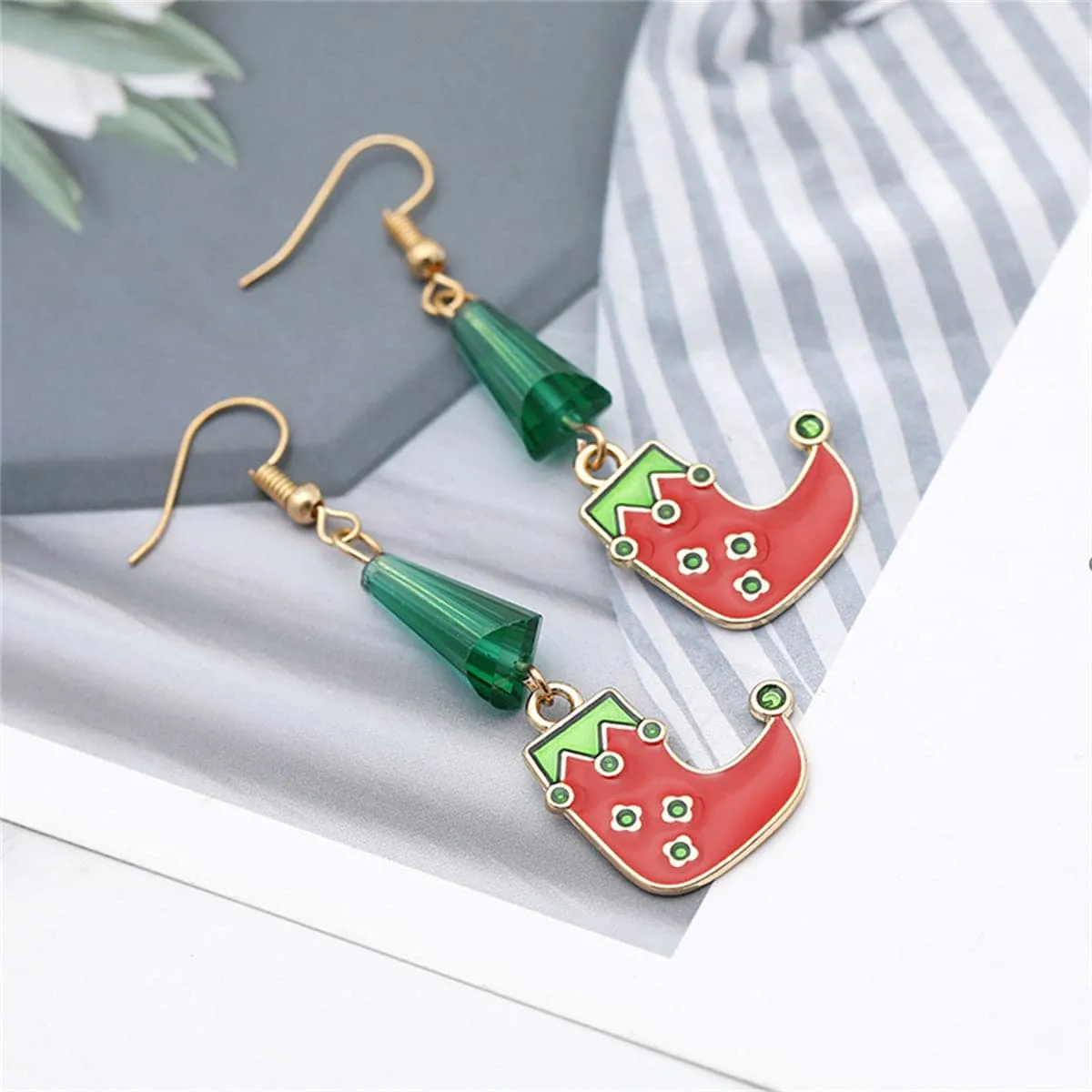 Green & Red Beaded Cone Elf Shoe Drop Earrings