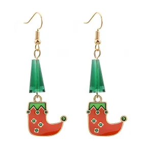 Green & Red Beaded Cone Elf Shoe Drop Earrings