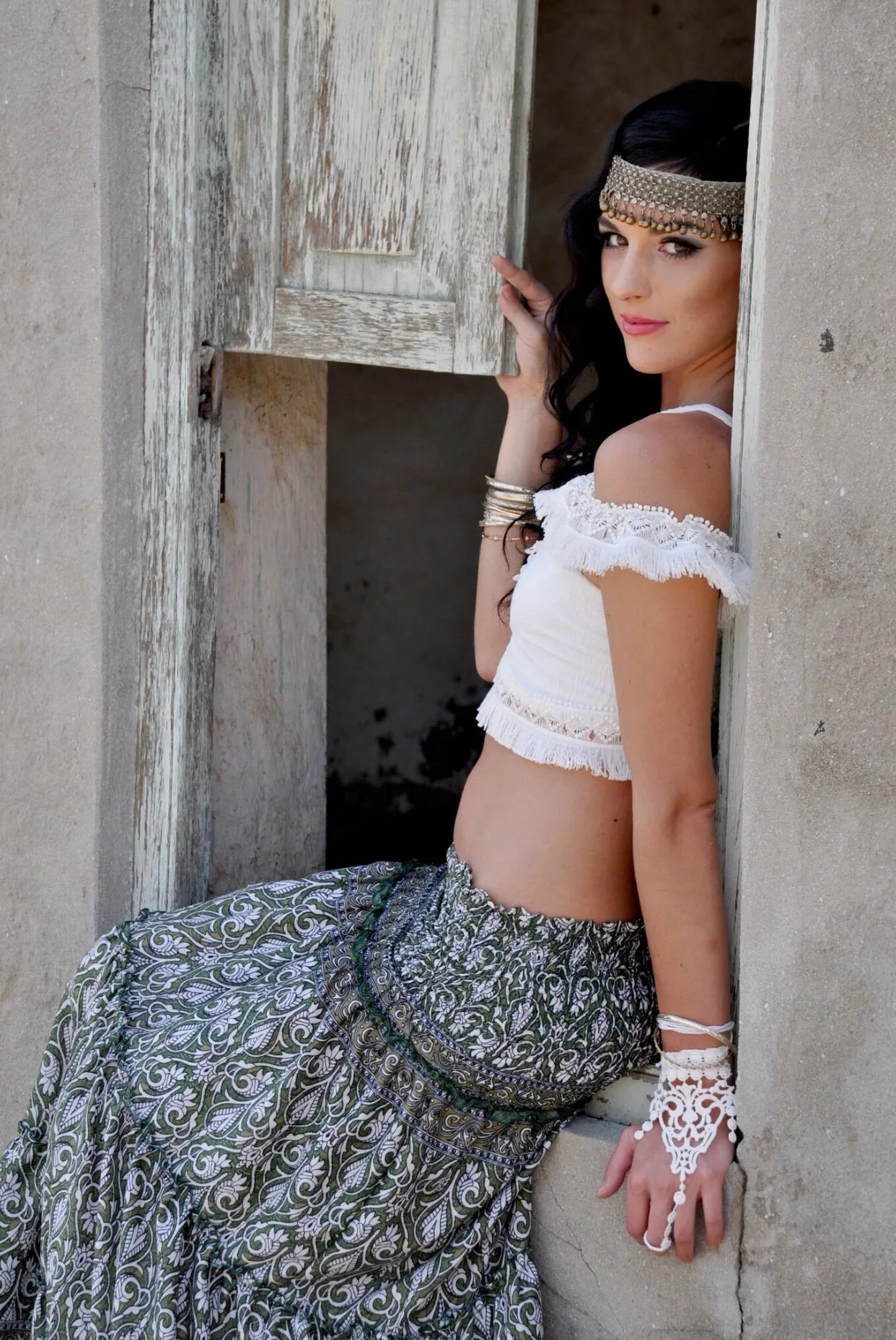 Green and white gypsy skirt