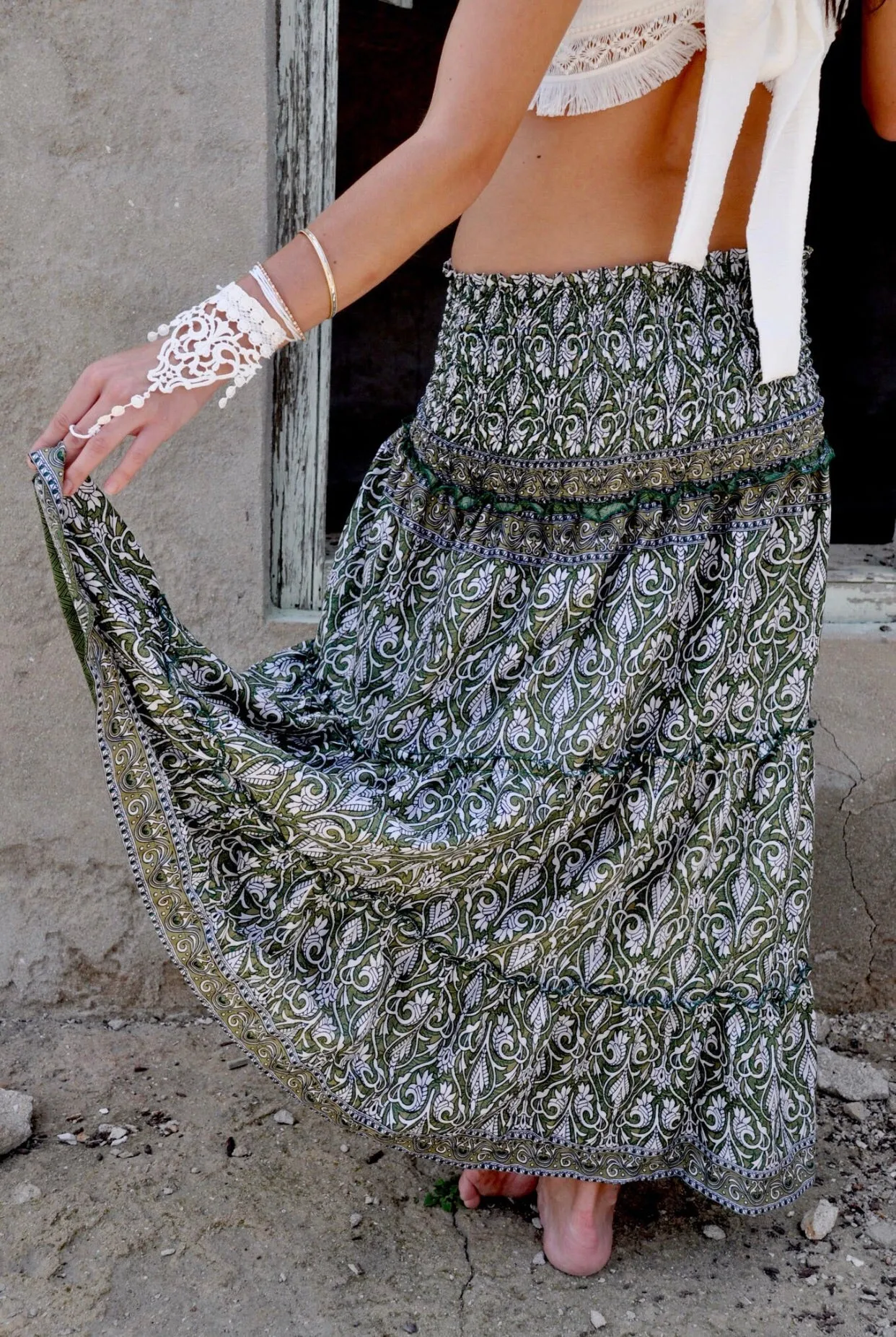 Green and white gypsy skirt