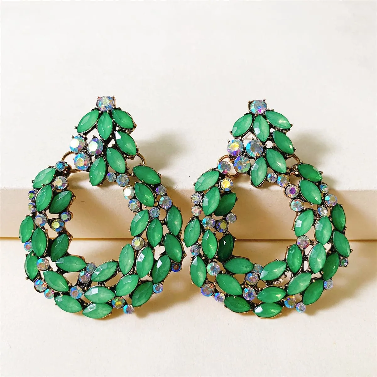 Green Crystal & Cubic Zirconia Wreath Drop Earrings