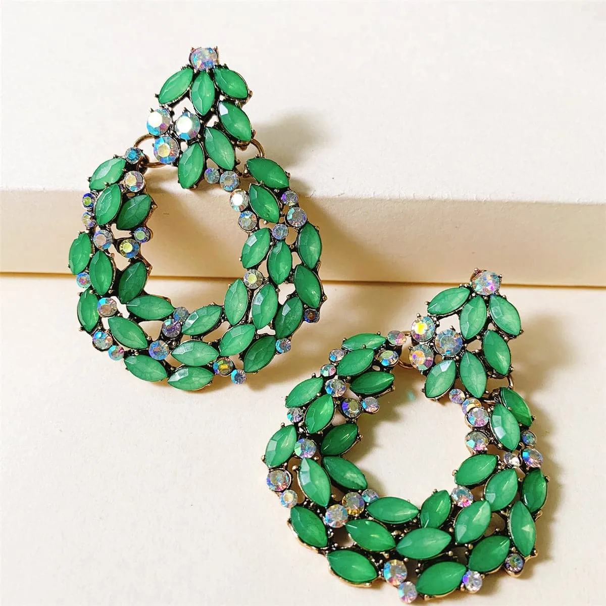 Green Crystal & Cubic Zirconia Wreath Drop Earrings