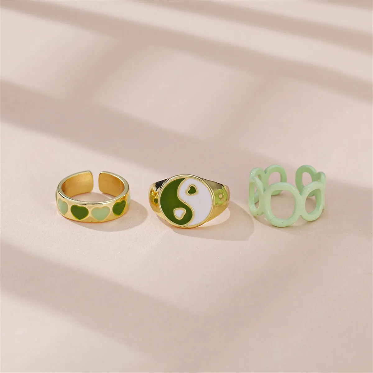 Green Enamel & 18K Gold-Plated Yin Yang Heart Ring Set