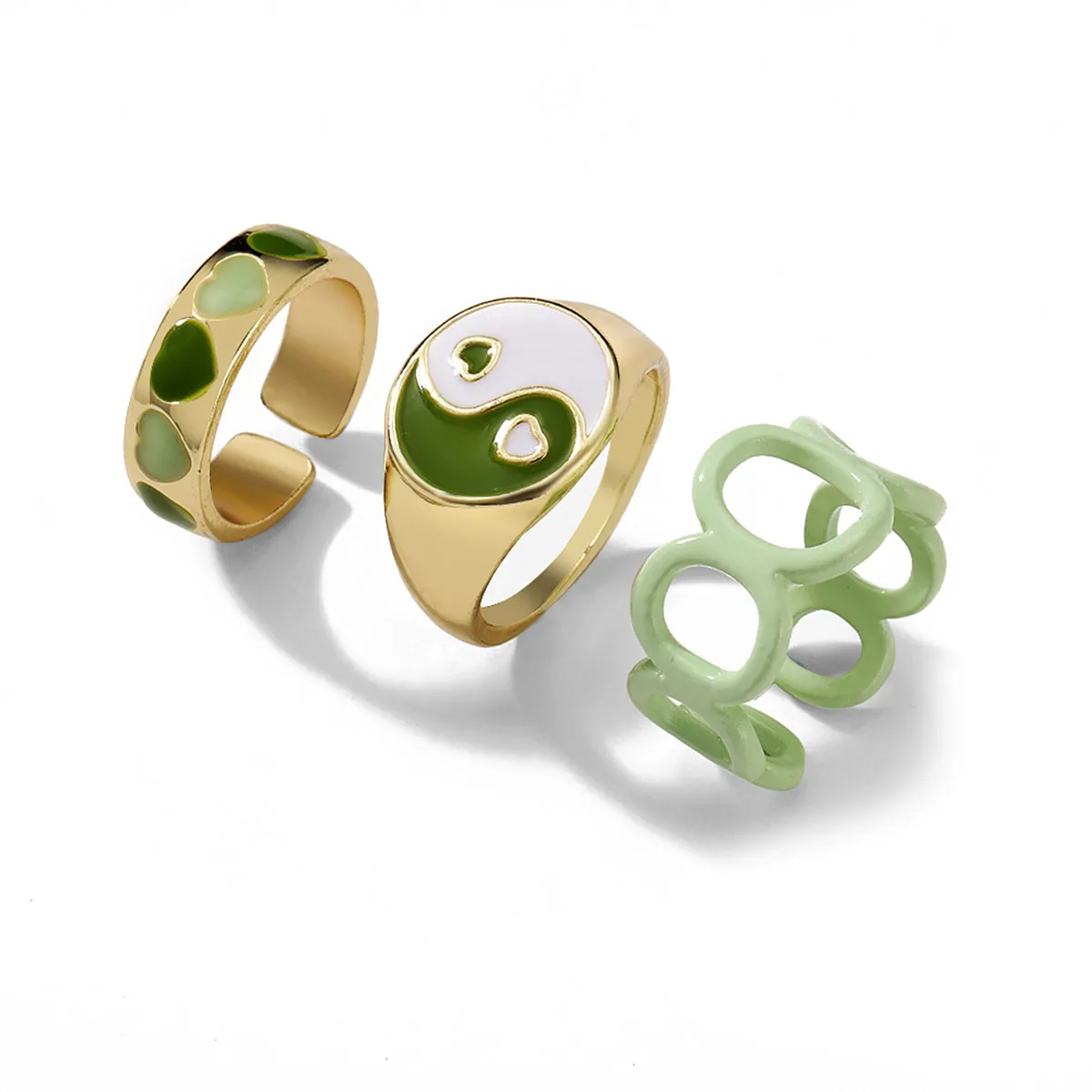 Green Enamel & 18K Gold-Plated Yin Yang Heart Ring Set