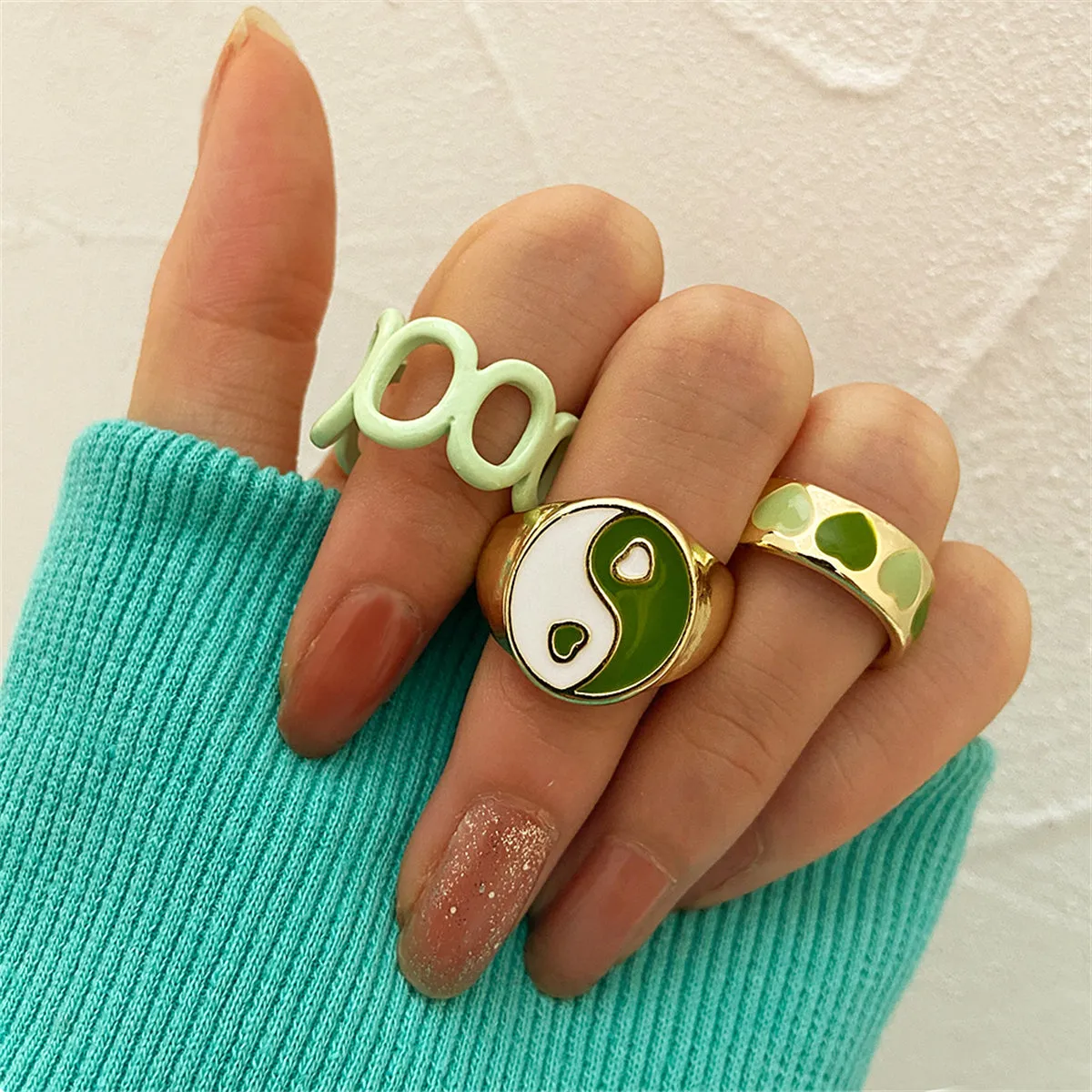 Green Enamel & 18K Gold-Plated Yin Yang Heart Ring Set