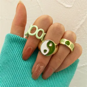Green Enamel & 18K Gold-Plated Yin Yang Heart Ring Set