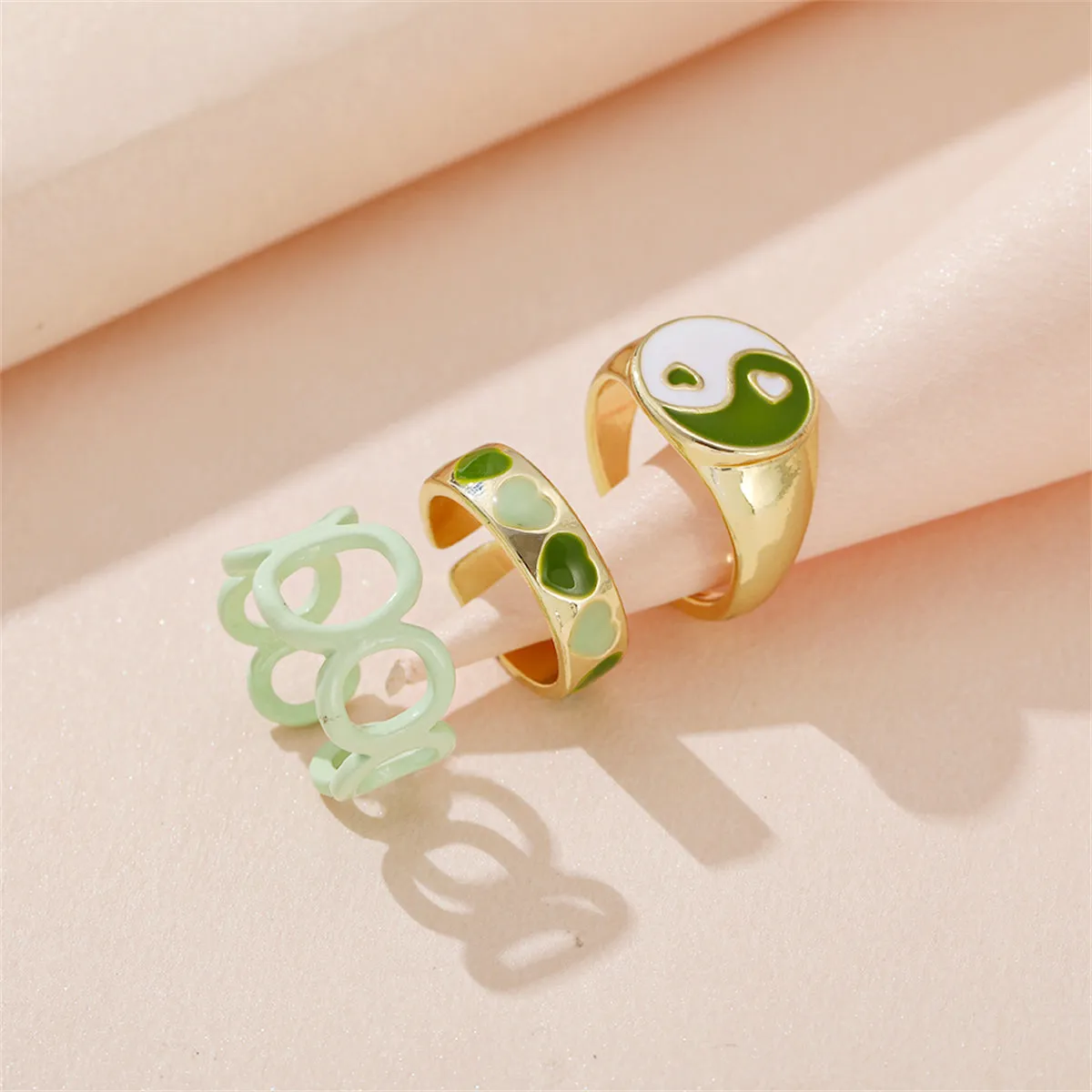 Green Enamel & 18K Gold-Plated Yin Yang Heart Ring Set