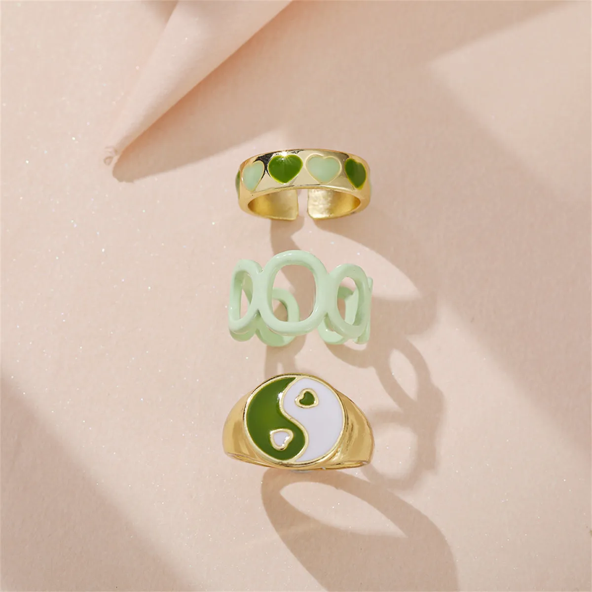 Green Enamel & 18K Gold-Plated Yin Yang Heart Ring Set