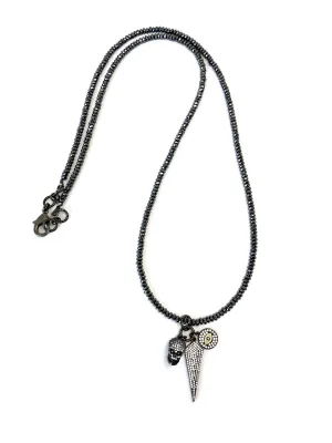 Gunmetal Skull, Arrow & Evil Eye Long Charm Necklace