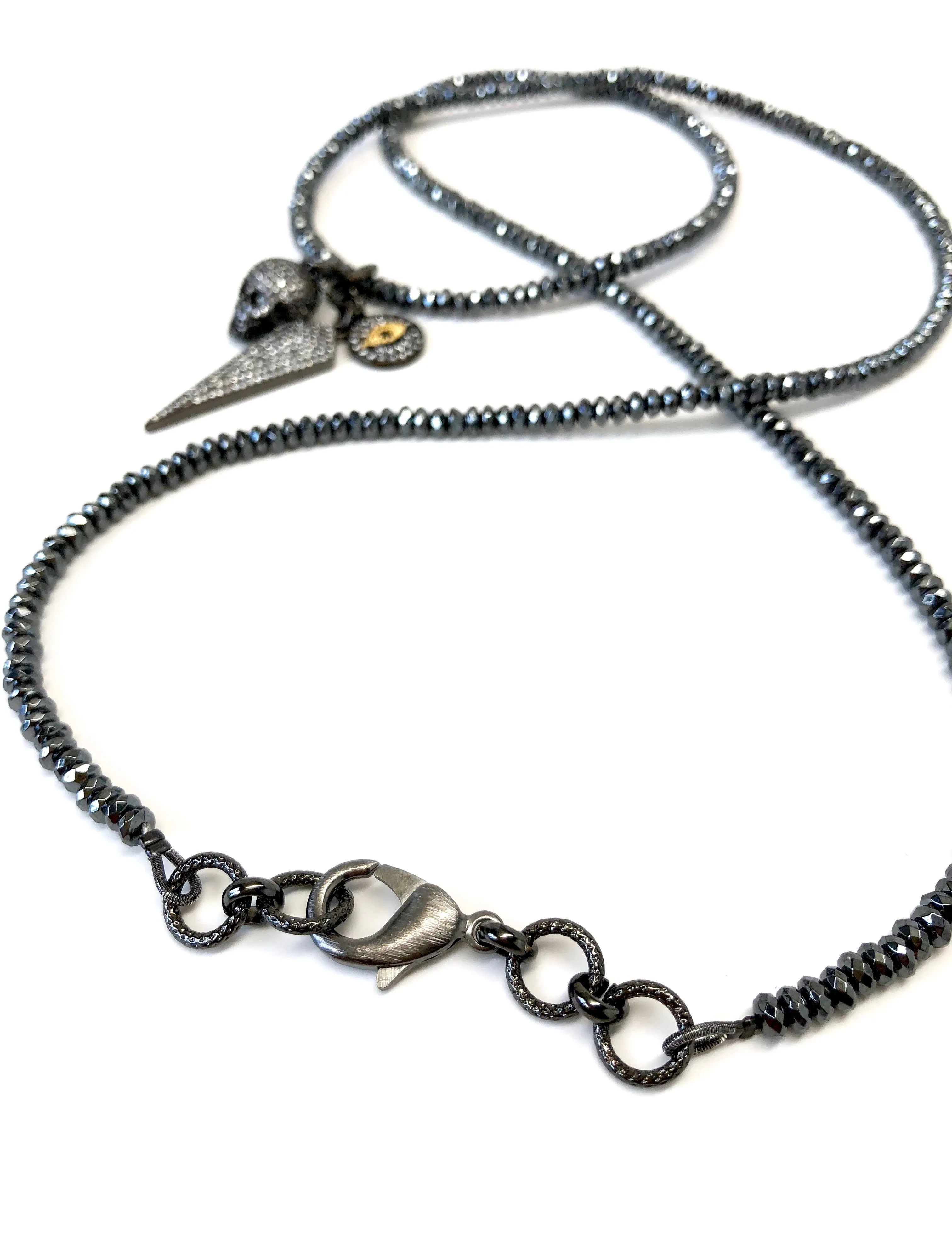 Gunmetal Skull, Arrow & Evil Eye Long Charm Necklace