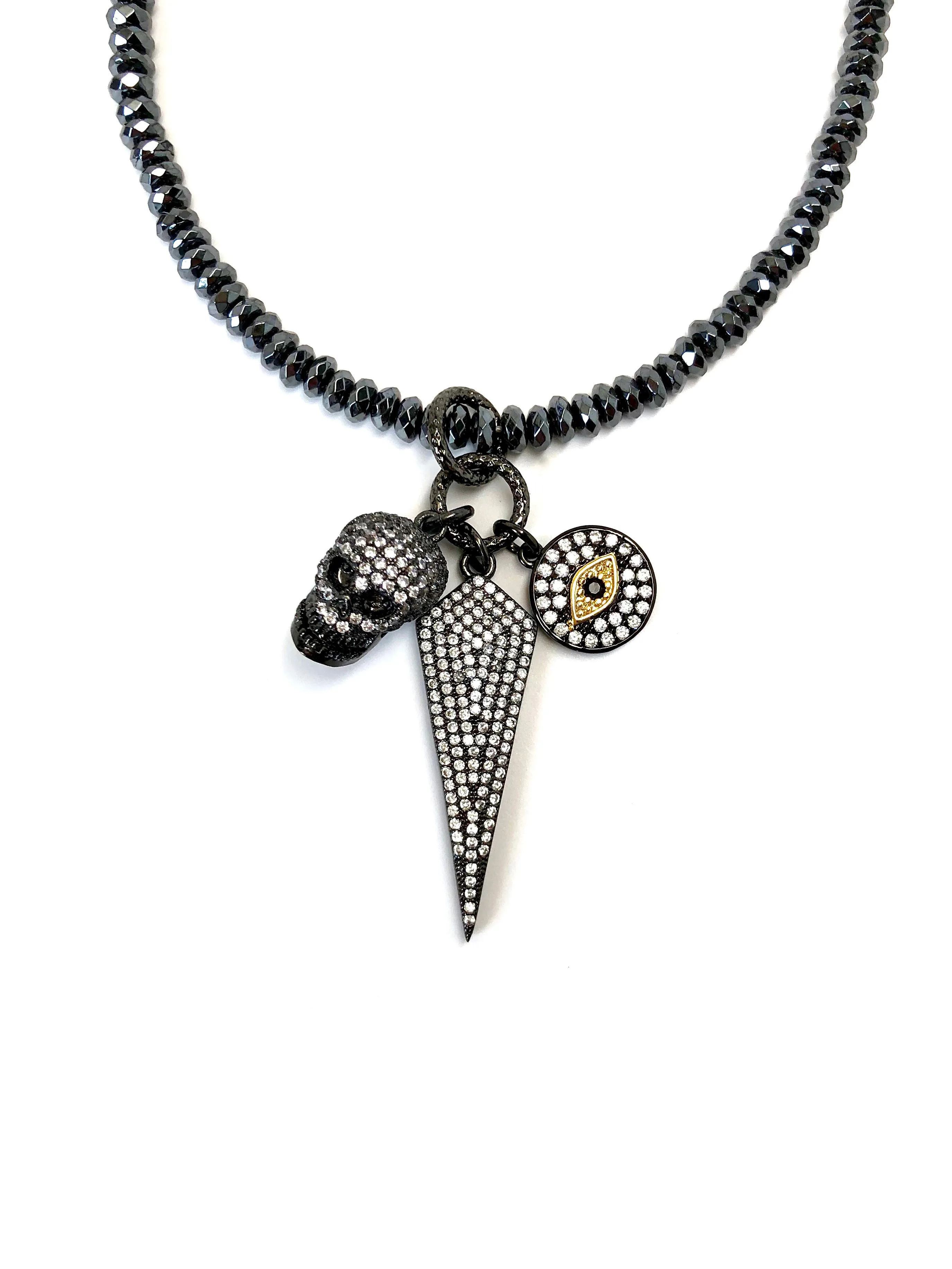Gunmetal Skull, Arrow & Evil Eye Long Charm Necklace