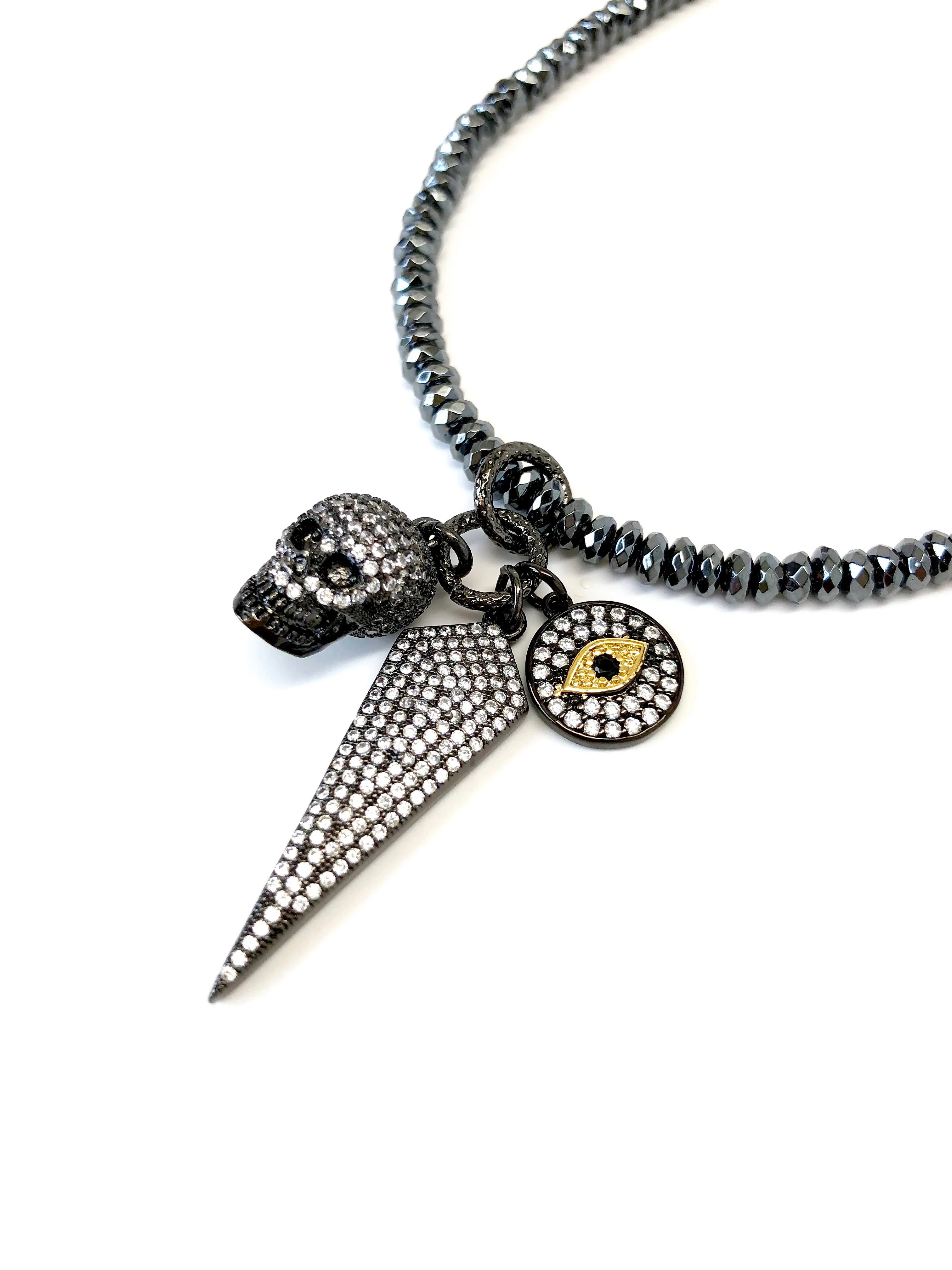 Gunmetal Skull, Arrow & Evil Eye Long Charm Necklace