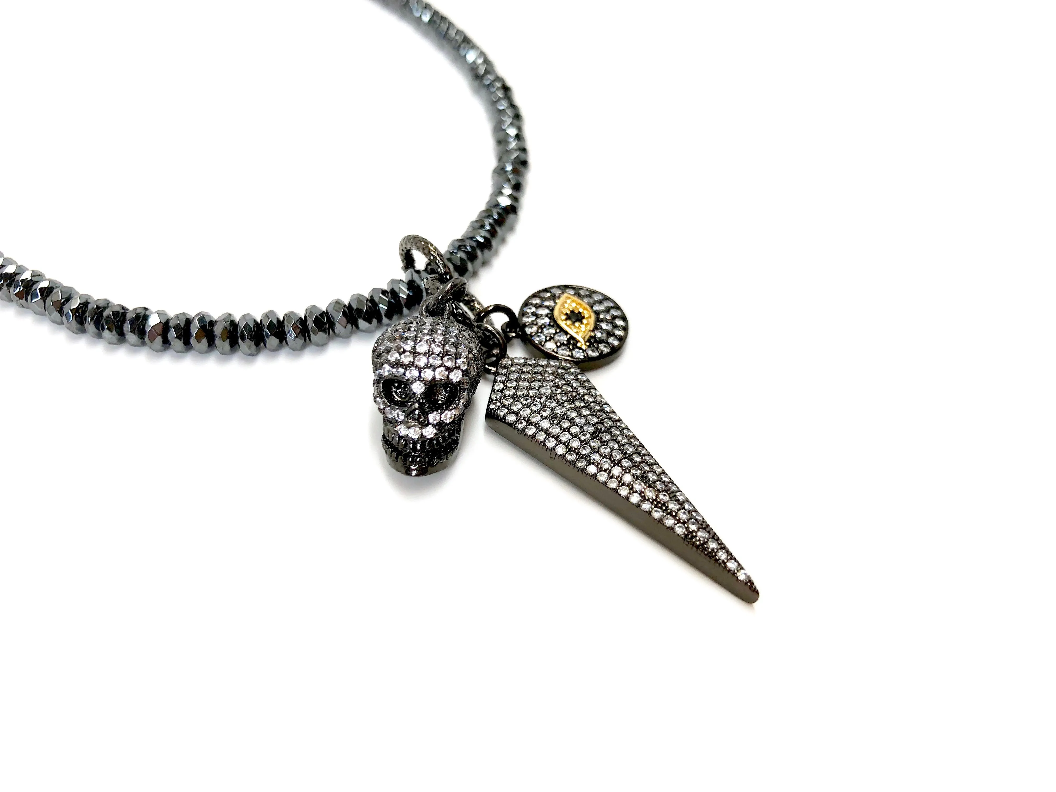 Gunmetal Skull, Arrow & Evil Eye Long Charm Necklace