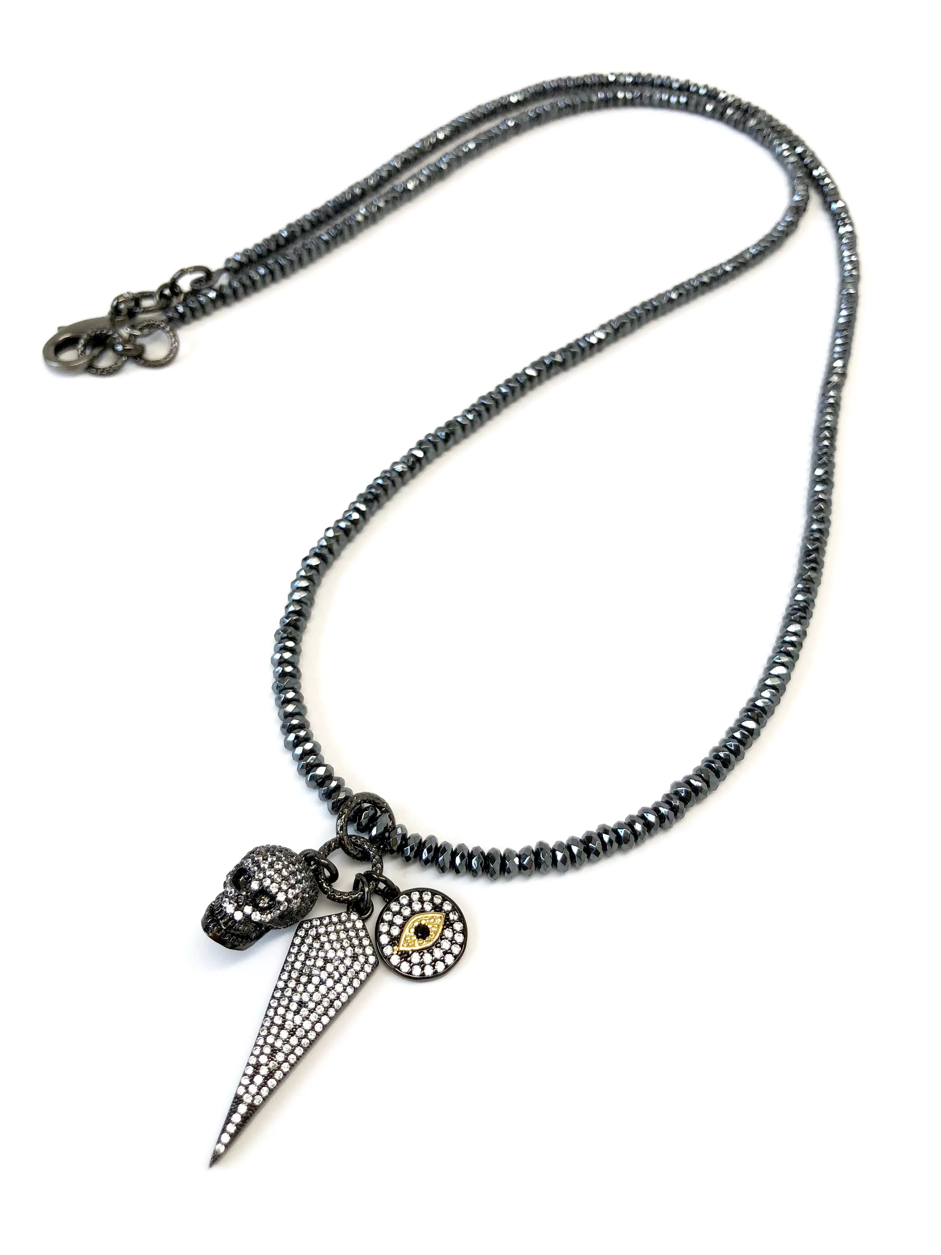 Gunmetal Skull, Arrow & Evil Eye Long Charm Necklace
