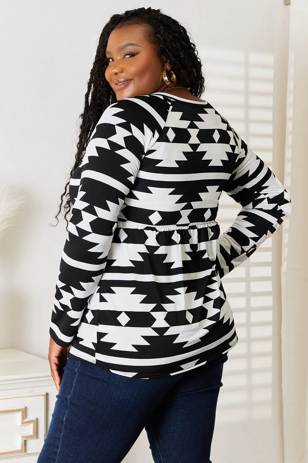 Hailey Geometric Notched Neck Long Sleeve Top - Online Exclusive