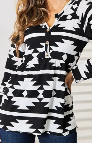 Hailey Geometric Notched Neck Long Sleeve Top - Online Exclusive