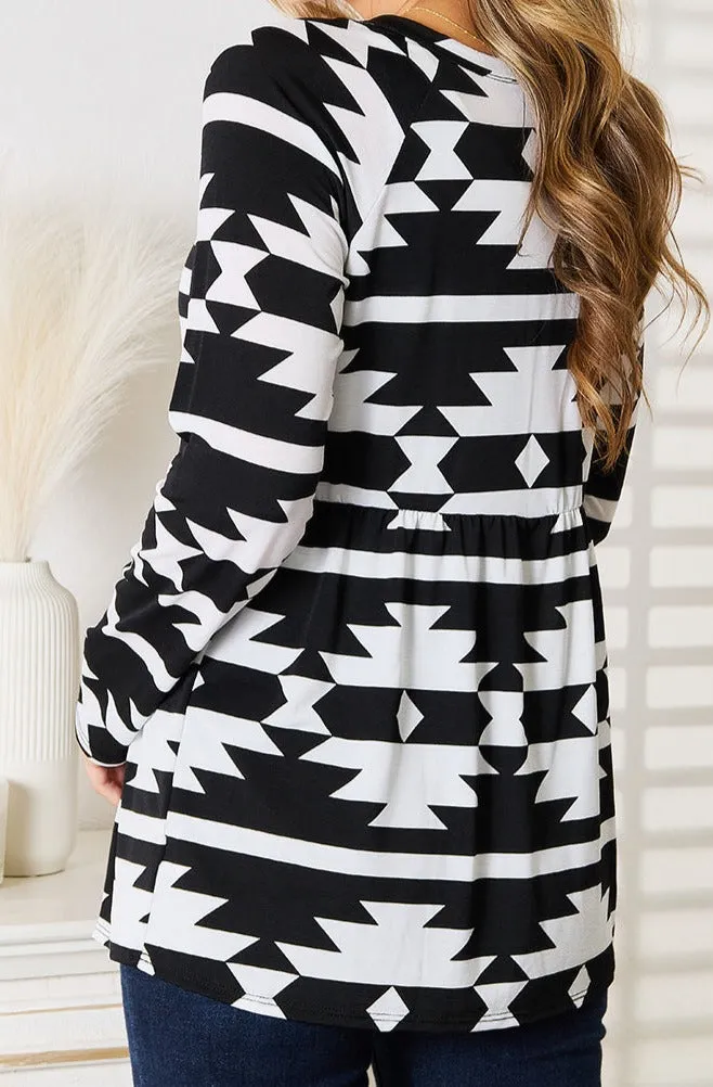 Hailey Geometric Notched Neck Long Sleeve Top - Online Exclusive