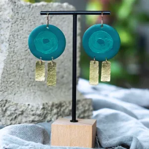 Hammered Brass and Hand-Painted Teal Earrings