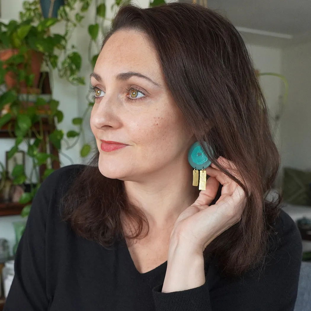 Hammered Brass and Hand-Painted Teal Earrings