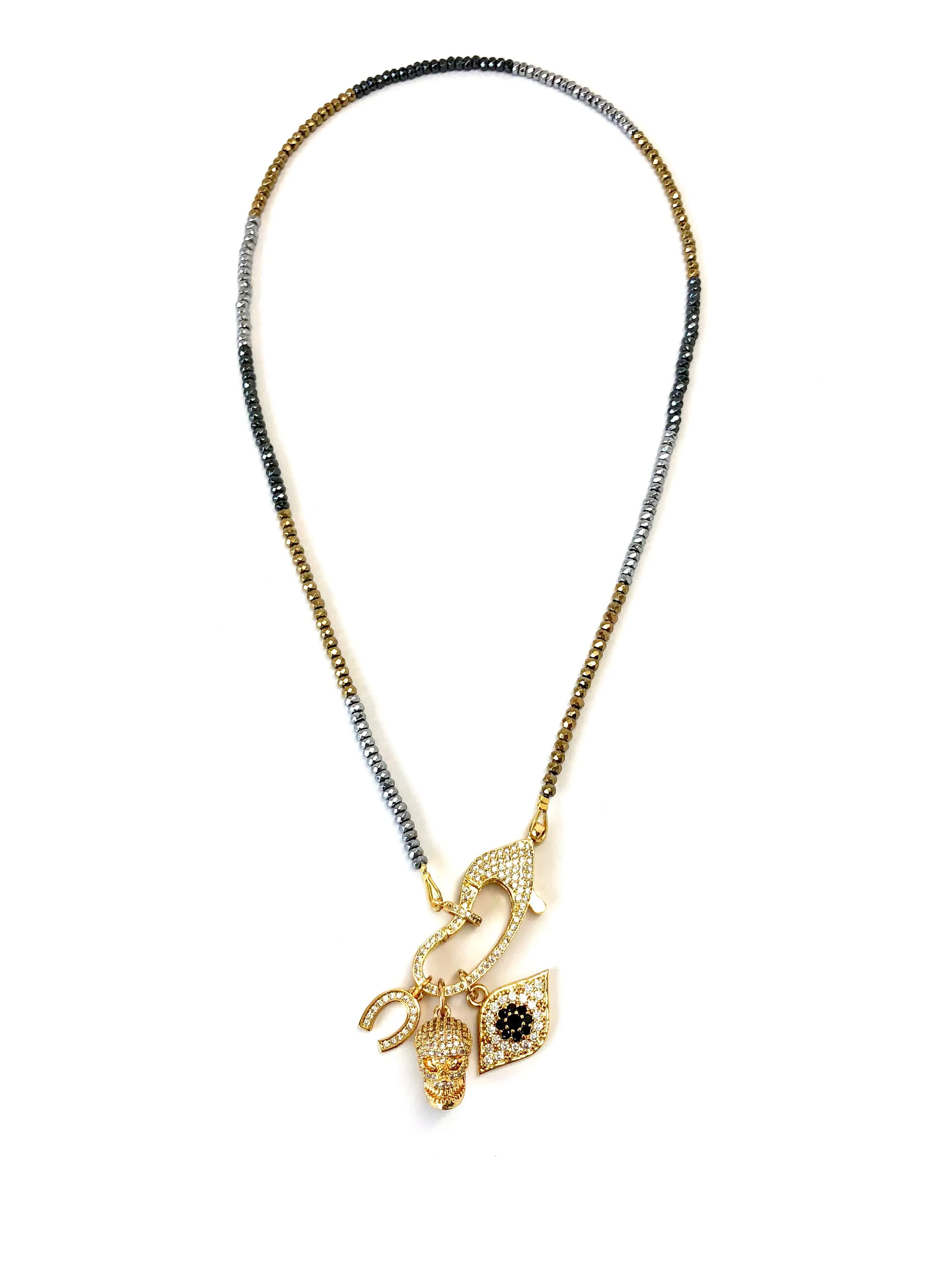 Hanging Charms & Pave Clasp on Hematite Necklace