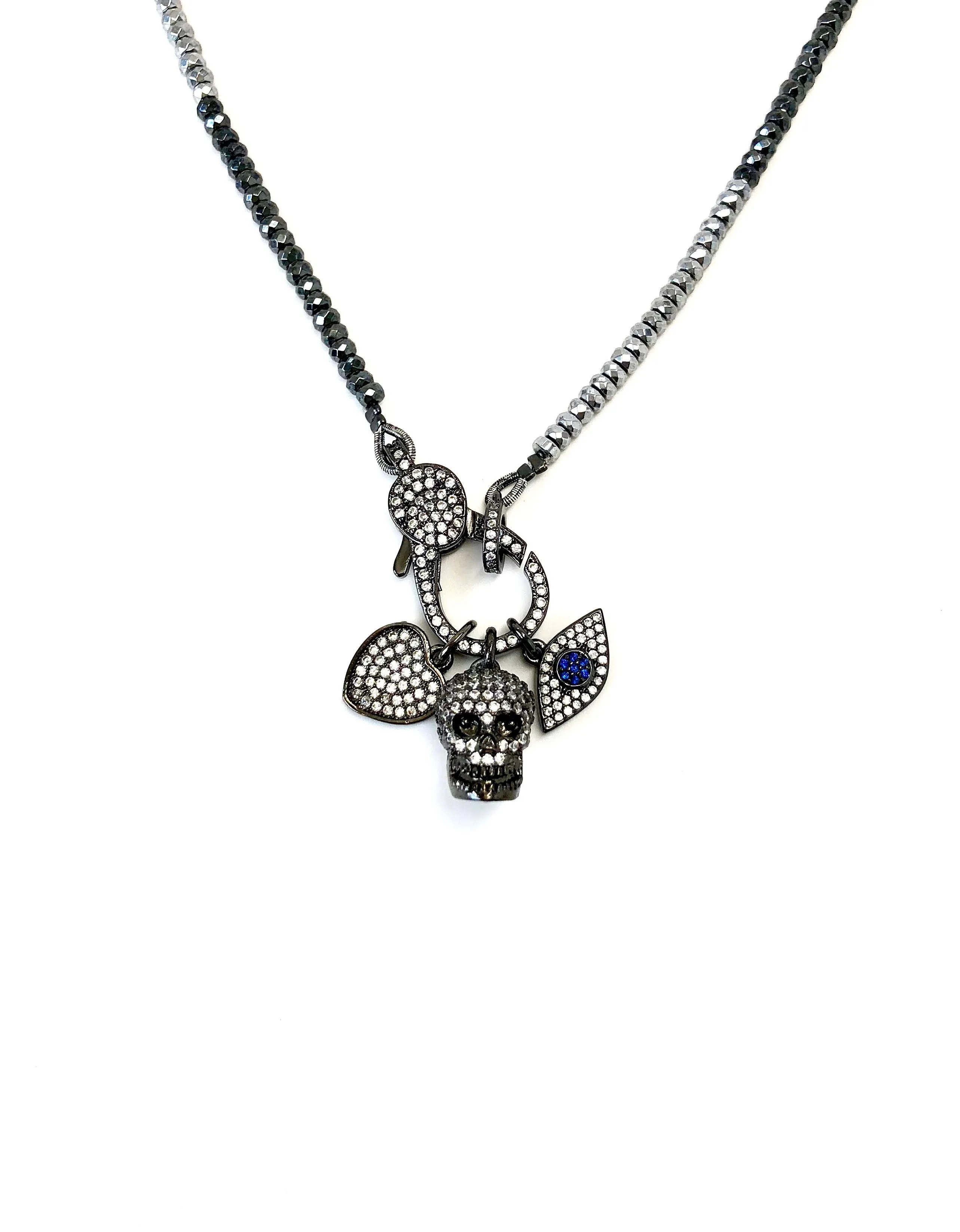 Hanging Charms & Pave Clasp on Hematite Necklace